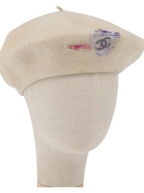 CHANEL Hat Wool Ivory CC Auth 176876A